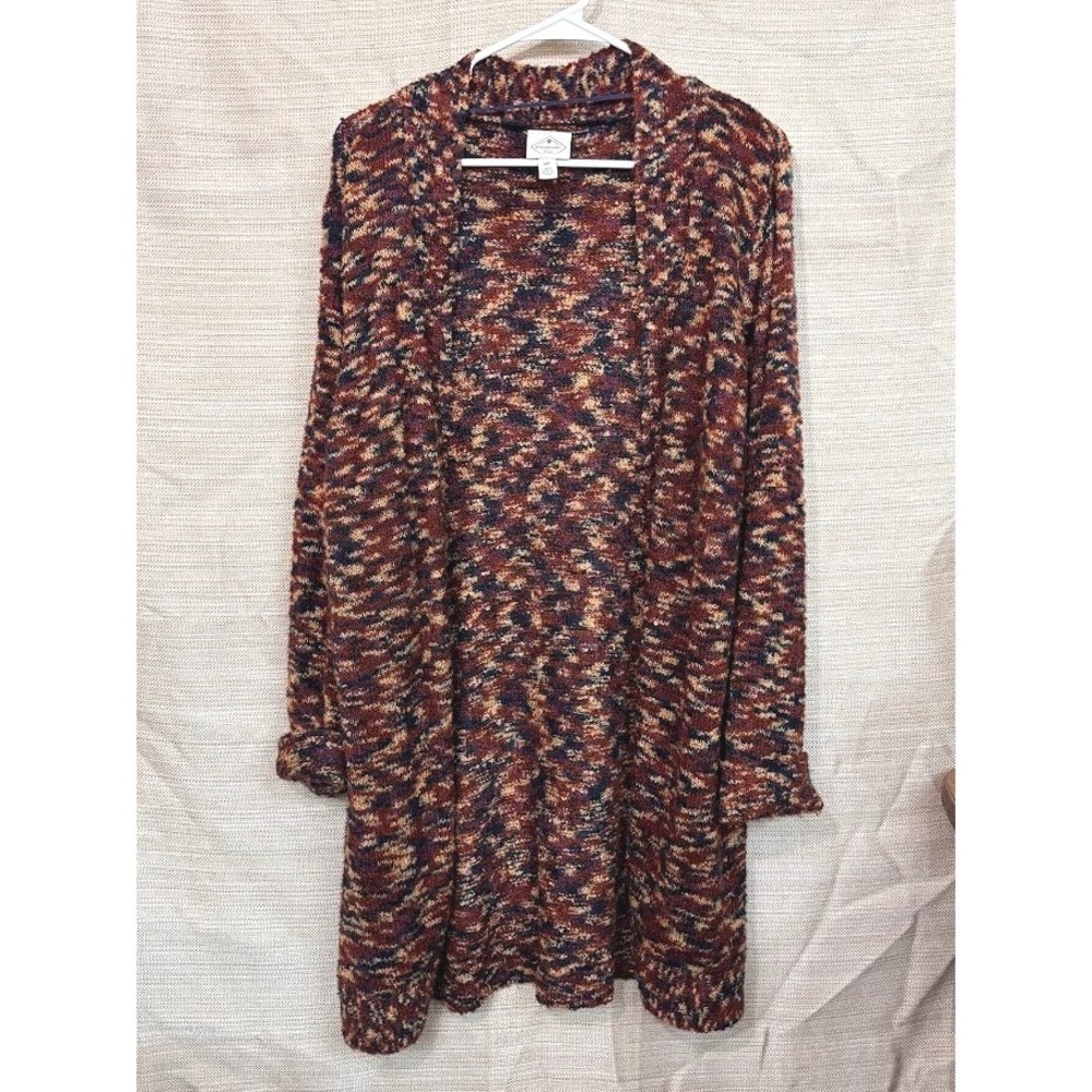 St Johns Bay Womens XXL Open Front Cardigan Sweater Marled Burgundy Navy Duster